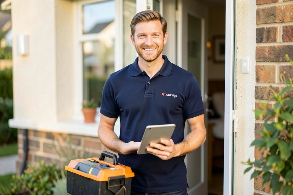 Friendly local tradesperson in a work polo holding a toolbox and tablet at a customer's front door